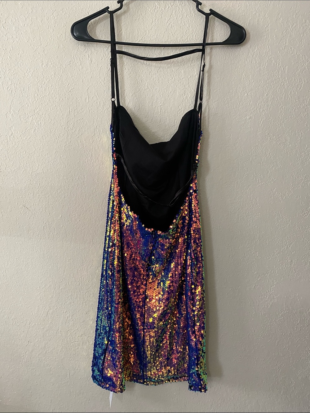 Iridescent Multi-Sequin Cowl Midi Dress - Black Straps - Picture 10 of 12